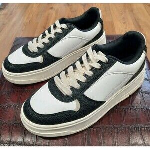 Zara Black White Ecru Retro Platform Trainers Sneakers Leather Lace-Up Size 8.5